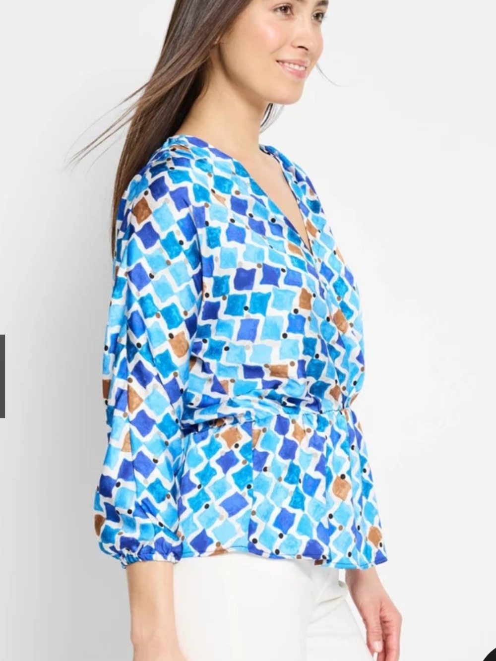 NWT NIC+ZOE Blue Geometric Wrap Blouse with Brown Accents